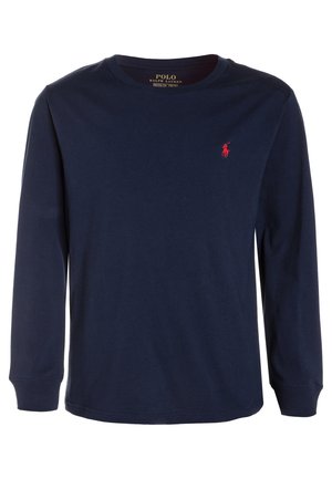 Navyblå langærmet skjorte med rund hals og lille rød broderet polo-spiller logo på venstre bryst.