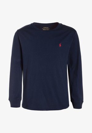 Marineblaues Langarmshirt mit Rundhalsausschnitt und kleinem rot besticktem Polo-Spieler-Logo auf der linken Brust.