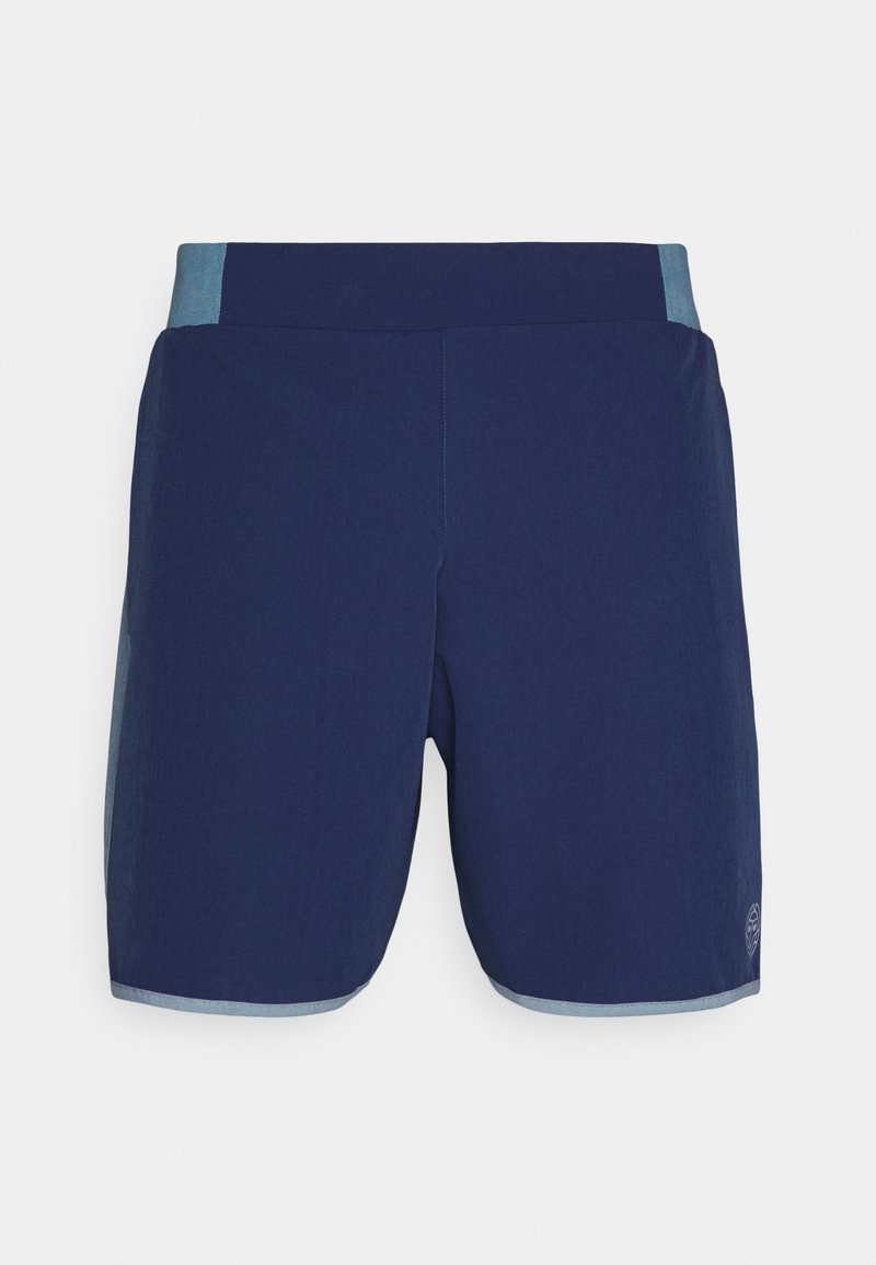 Marineblaue Sportshorts mit einem hellblauen Bund. Hergestellt aus einem glatten, leichten Material. Verfügt über ein kleines Logo auf der unteren Seite.