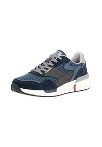 Navy blue sneaker with suede and mesh upper, gray accents, light gray collar, textured pattern on the tongue, and rubber sole with red detail.