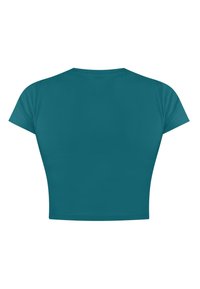 Teal verkürztes T-Shirt mit glatter Textur, rundem Ausschnitt und kurzen Ärmeln, in uni ohne Muster oder Verzierungen.