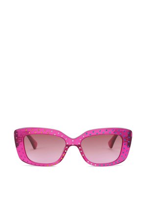 Pink sunglasses with a chunky, geometric frame, embellished with multicolored rhinestones on the outer edges and gradient lenses.