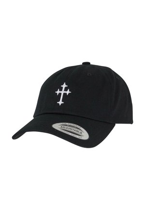 Black baseball cap with a curved brim and adjustable strap. Features a white embroidered cross on the front. Made from cotton fabric.