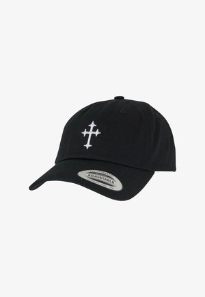 Black baseball cap with a curved brim and adjustable strap. Features a white embroidered cross on the front. Made from cotton fabric.