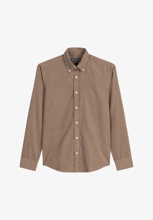 Brown long-sleeve shirt made of soft fabric, featuring a button-down collar and white buttons along the placket and cuffs.