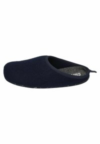 Pantofole in lana blu navy con una texture morbida, punta arrotondata e suola in gomma nera. Presentano una fodera in tessuto e un'asola sul tallone per indossarle facilmente.