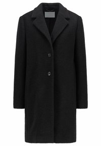 Manteau en laine noir à simple boutonnage avec col à revers cranté et deux boutons, conçu pour une coupe ajustée.