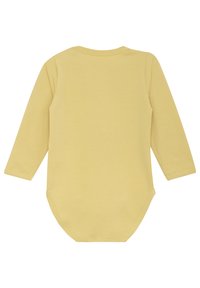 Langærmet baby bodystocking i blødt gult bomuld, med rund halsudskæring og trykknapper i bunden for nem påklædning.