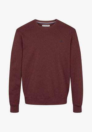 Jersey de cuello redondo color burdeos con mangas largas, puños y bajo acanalados, y un pequeño logo bordado en el lado izquierdo del pecho.