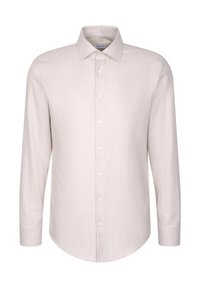Camicia beige chiaro a maniche lunghe con colletto a punta, in tessuto testurizzato e vestibilità regolare, dotata di sette bottoni rotondi lungo il davanti.