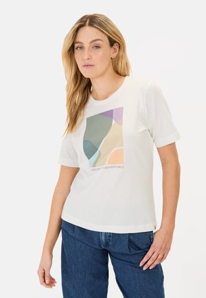 White short-sleeve t-shirt featuring a colorful geometric print in shades of green, purple, and peach with the text "MADE FOR FLY ADVENTURES."