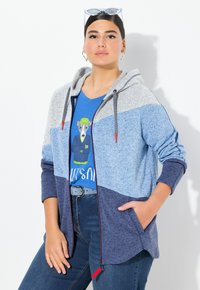 Mikina s kapucí na zip ve šedé a modré barevné bloky, obsahující přední kapsu a šňůrku. Nositá přes modré tričko s grafikou.