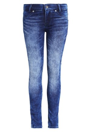 Slim-fit niebieskie dżinsy z przecieranym wykończeniem, przednie kieszenie, szlufki na pasek i zapięcie na guzik.