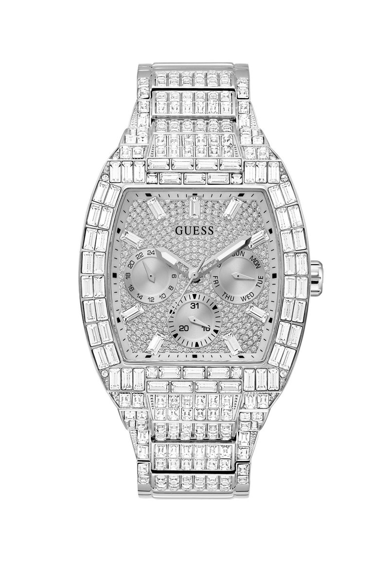 Silberne rechteckige Uhr mit Kristallverzierungen, drei Unterdials, einem strukturierten Zifferblatt und einem Armband aus Metall mit kleinen rechteckigen Steinen.