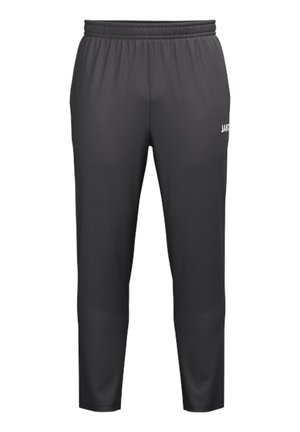 Pantalones deportivos negros con cinturilla elástica y perneras ajustadas, con un pequeño logo blanco en la parte superior del muslo derecho.