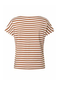Braun-weiß gestreiftes Kurzarm-T-Shirt mit rundem Halsausschnitt und weichem, glattem Material. Gerader Schnitt am Saum.