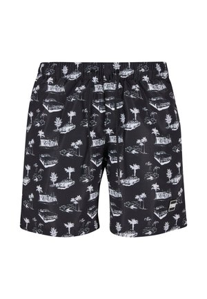 Costume da nuoto neri con stampa bianca ripetuta di auto d'epoca, palme e edifici. Vita elasticizzata con chiusura a cordoncino.