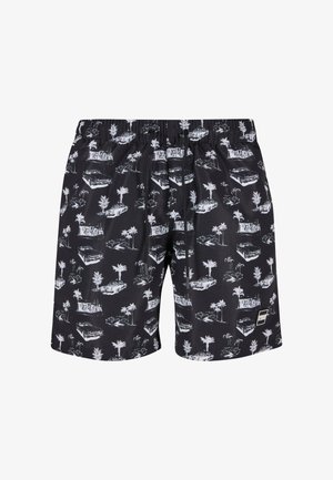 Shorts de bain noirs avec un motif blanc répété de voitures classiques, de palmiers et de bâtiments. Taille élastique avec cordon de serrage.