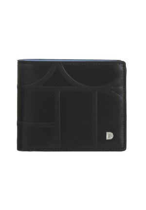 Black leather wallet with embossed geometric patterns, rectangular shape, silver hardware accent, and contrasting blue interior.