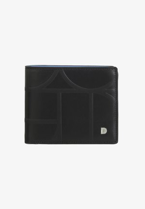 Schwarze Lederbörse mit geprägten geometrischen Mustern, rechteckiger Form, silbernen Hardware-Akzenten und kontrastierendem blauen Innenleben.