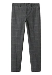 Grijze geruite broek met een gladde textuur, voorzien van een tailleband, steekzakken aan de voorkant en een aansluitend ontwerp dat naar de enkels toe taps toeloopt.