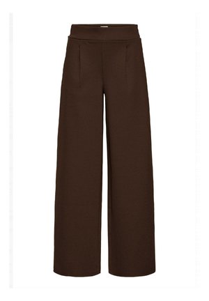 Pantalons larges marron en tissu lisse, dotés d'une taille haute et de deux plis frontaux, conçus pour un ajustement ample.
