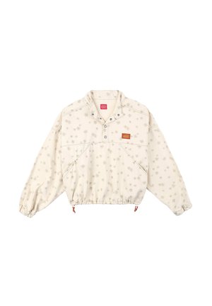 Veste pullover beige clair avec un motif discret de flocons de neige. Elle dispose d'une patte à pressions, de poignets élastiques et d'un ourlet ajustable avec des accents orange.