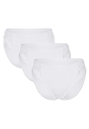 Mutande di cotone bianche con merletto in vita e ai lati, caratterizzate da una texture liscia e un elastico in vita. Confezione da tre.