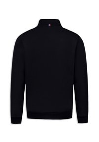 Felpa nera con collo, che presenta un piccolo dettaglio della bandiera francese sulla parte posteriore del collo. Tessuto liscio, maniche lunghe e polsini a coste.