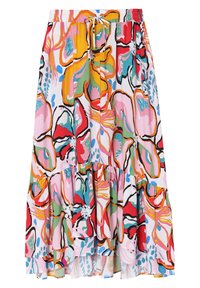 Barevná květinová midi sukně s vrstveným volánovým lemem a elastickým pasem, zdobená abstraktními květinovými vzory v růžové, červené, oranžové, zelené, modré a černé barvě.