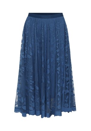 Jupe midi en dentelle bleu foncé avec des motifs floraux, taille élastique et une texture semi-transparente laissant passer la lumière.