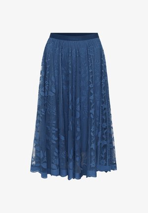Koronkowa spódnica midi w ciemnoniebieskim kolorze z kwiatowymi wzorami, elastycznym paskiem w talii i półprzezroczystą teksturą pozwalającą na przenikanie światła.