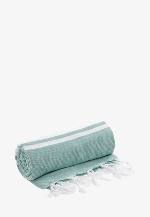 Turquoise woven towel with white fringed edges, featuring a textured pattern and two horizontal white stripes running along its length.