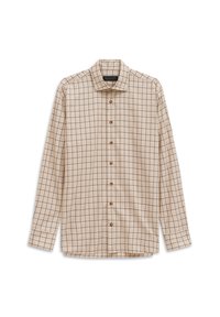 Camicia beige a maniche lunghe con motivo a griglia in navy e marrone. Presenta un colletto button-down e bottoni in legno lungo la parte anteriore.