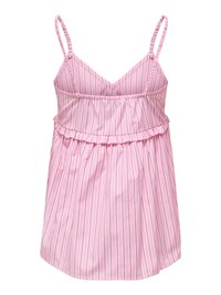 Robe rose sans manches avec fines bretelles, rayures verticales blanches et rouges et un bord froncé sous la poitrine.