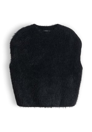 Maglione nero peloso con scollatura tonda, vestibilità comoda e superficie testurizzata, realizzato in un materiale morbido e shaggy, senza chiusure visibili.