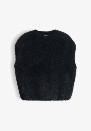 Pull en laine noir flou avec un col rond, coupe ample et surface texturée, doté d'un matériau doux et pelucheux sans fermetures visibles.