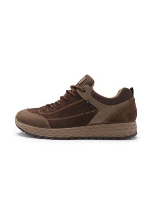 Brown suede and textile sneaker with a rubber sole, featuring laces, a padded collar, and contrasting stitching details.
