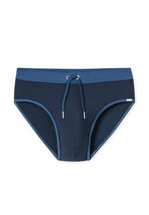 Navy blue men's swim briefs with a darker waistband and drawstring tie at the front, outlined with lighter blue trim.