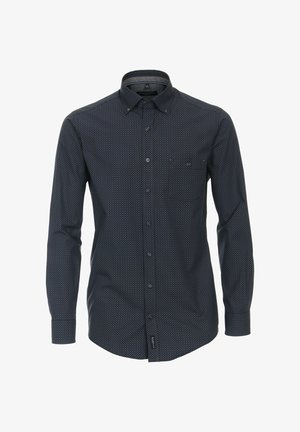 Męska koszula z długim rękawem w kolorze ciemnego granatu, z małym białym wzorem w kropki i kołnierzem zapinanym na guziki, pokazana z przodu na białym tle.