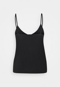 Camisole noire avec fines bretelles réglables, encolure en V, texture lisse et silhouette ajustée. Aucun motif ou accent visible.