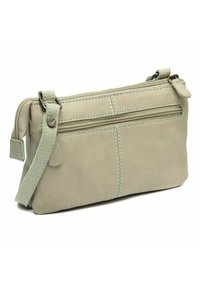 Clutch in pelle verde chiaro con forma rettangolare, chiusura con zip superiore e tracolla staccabile. Presenta cuciture a contrasto e una tasca frontale.