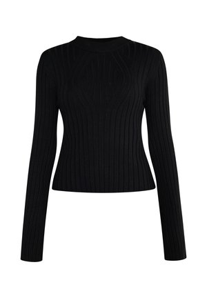 Mustapintainen ribbiknitti-pusero pitkillä hihoilla, tiiviillä mitoituksella ja korkealla kaula-aukolla. Rakenne on teksturoitu ja siinä on pystysuuntainen ribbikuviointi koko puserossa.