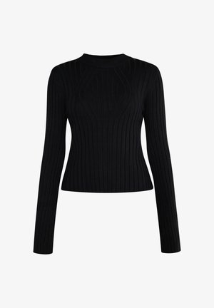 Mustapintainen ribbiknitti-pusero pitkillä hihoilla, tiiviillä mitoituksella ja korkealla kaula-aukolla. Rakenne on teksturoitu ja siinä on pystysuuntainen ribbikuviointi koko puserossa.