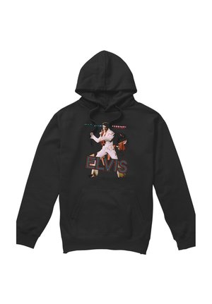 Black hoodie with a graphic of Elvis Presley in a white jumpsuit singing, with colorful lights and "ELVIS" text below him.