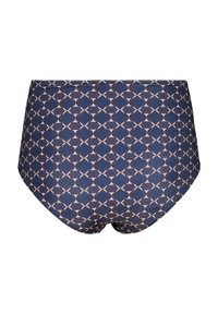 Z wysokim stanem bikini w granatowym kolorze, z geometrycznym wzorem w jasnych i ciemnych odcieniach, z przeszytymi brzegami i gładką teksturą.