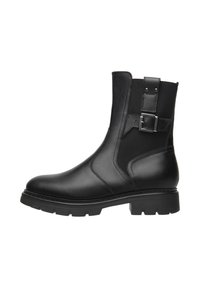 Black ankle boot made of smooth leather, featuring stretchy side panels, a buckle accent, and a lug sole for traction.