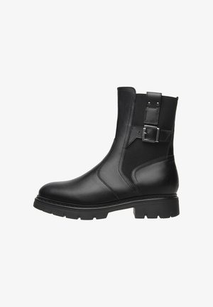 Schwarzer Knöchelstiefel aus glattem Leder, mit elastischen seitlichen Einsätzen, einer Schnallenakzentuierung und einer profilierten Sohle für besseren Halt.