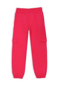 Pantaloni della tuta rosa realizzati in tessuto morbido, con vita elastica, due tasche laterali e polsini elastici alle caviglie.