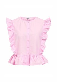 Blusa di cotone rosa con scollatura rotonda, chiusura con bottoni e maniche arricciate con orlo a peplum. Tessuto morbido con un design leggero.